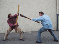 Der kleine john und robin hood beim stockkampf...